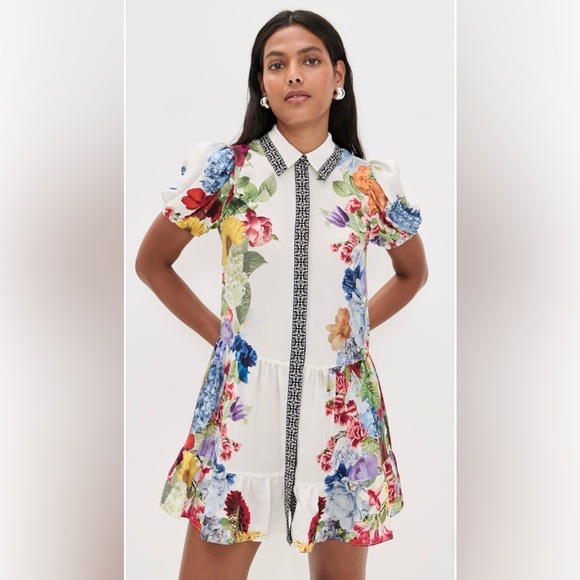 Alice + Olivia Claire Placed Floral Tiered Mini Shirtdress - Picture 2 of 12